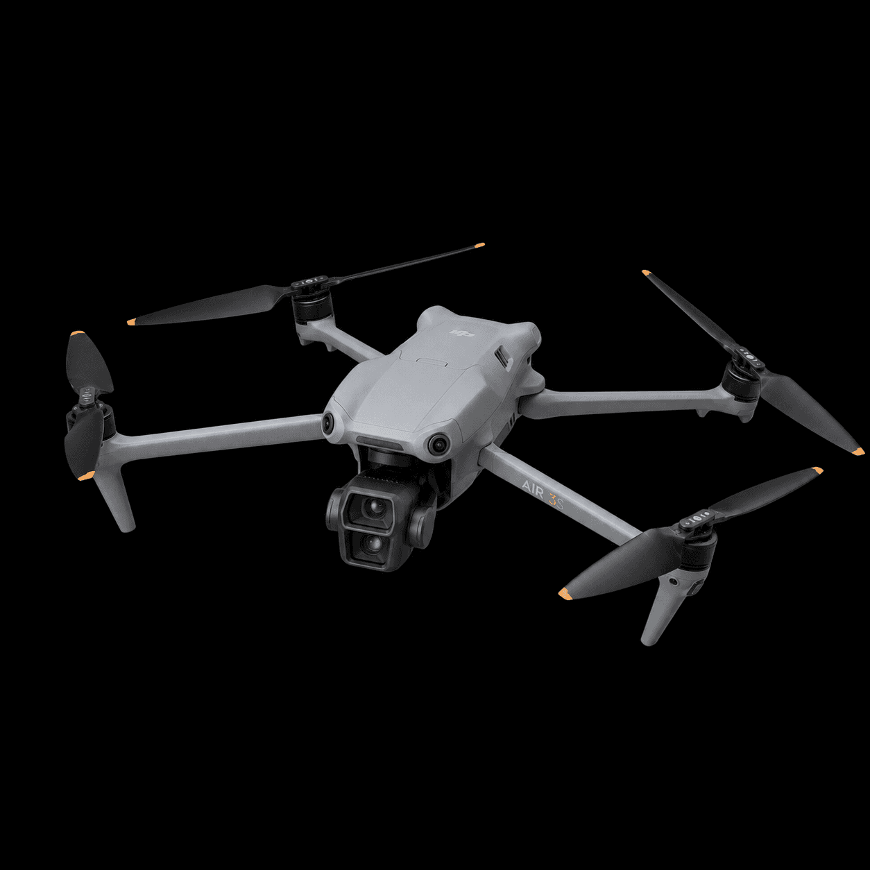 DJI Air 3S drone isolated in a three-quarter studio product view