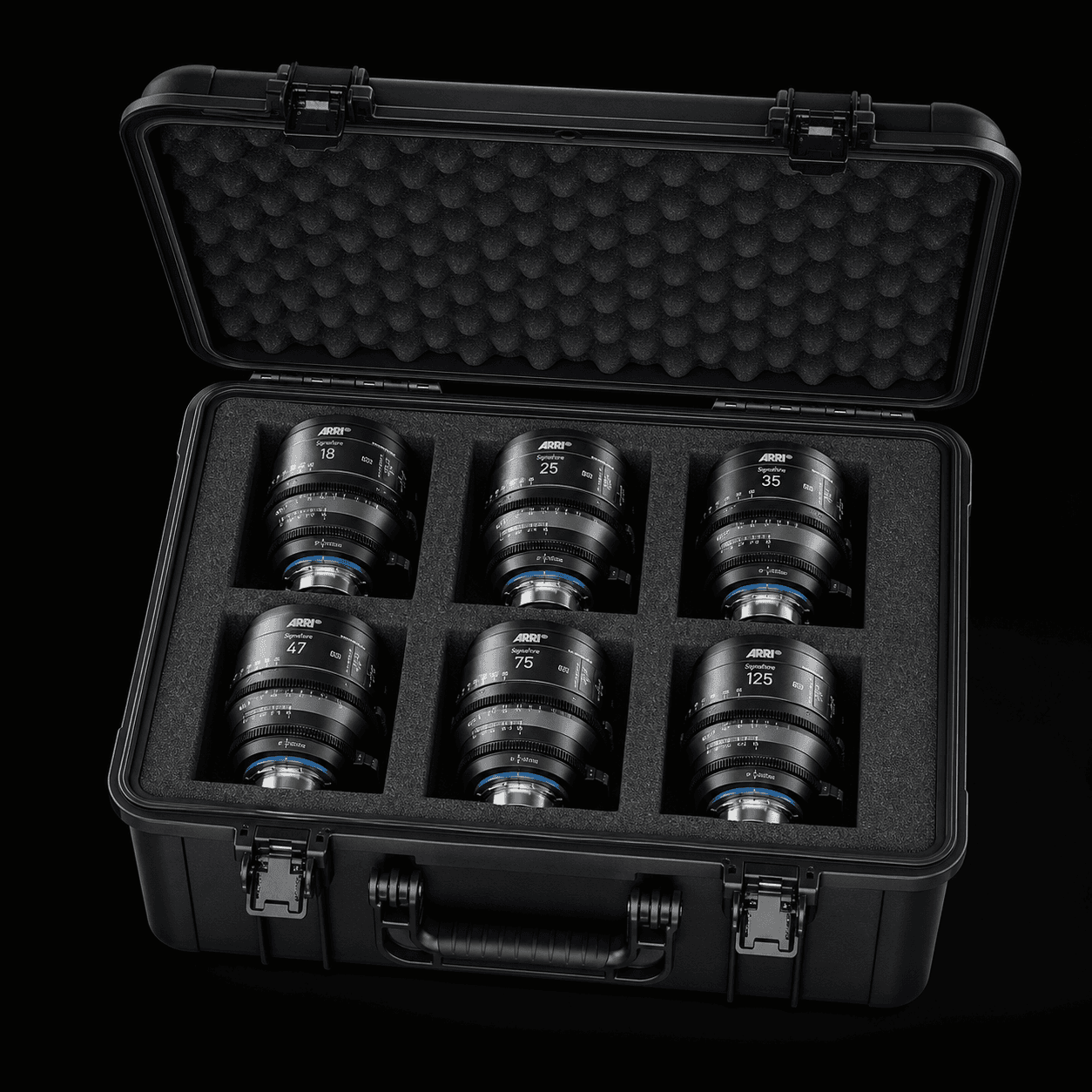 Open ARRI Signature Prime lens case with six cinema lenses in protective foam