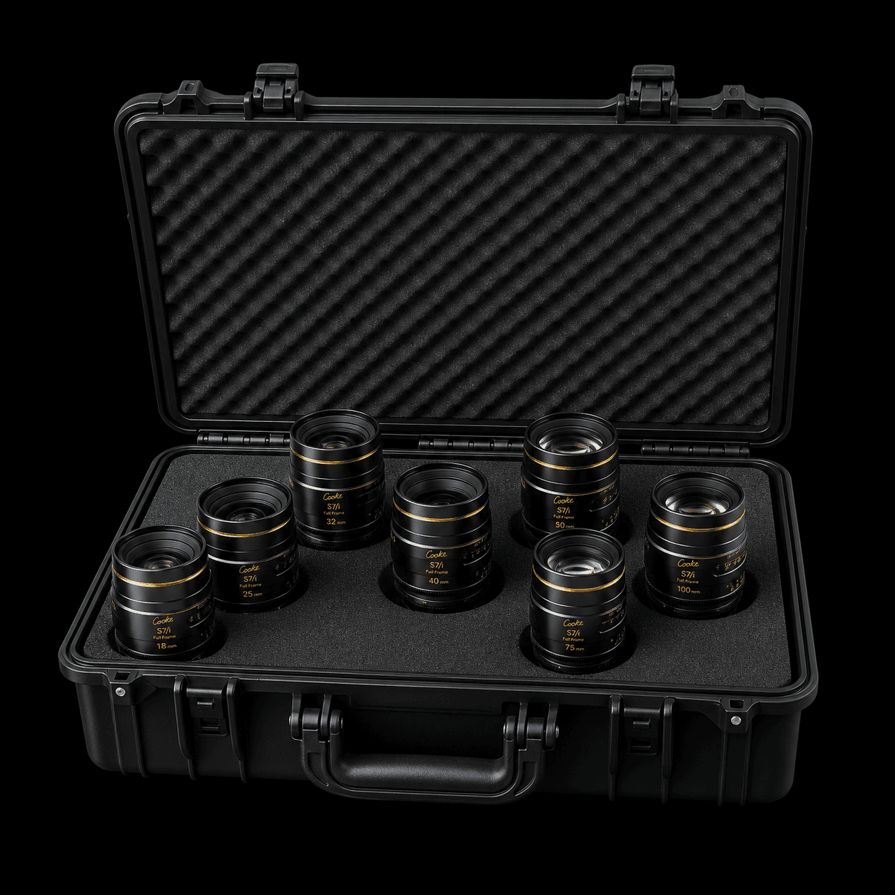 Open COOKE S7/i Full Frame case with seven cinema lenses in protective foam