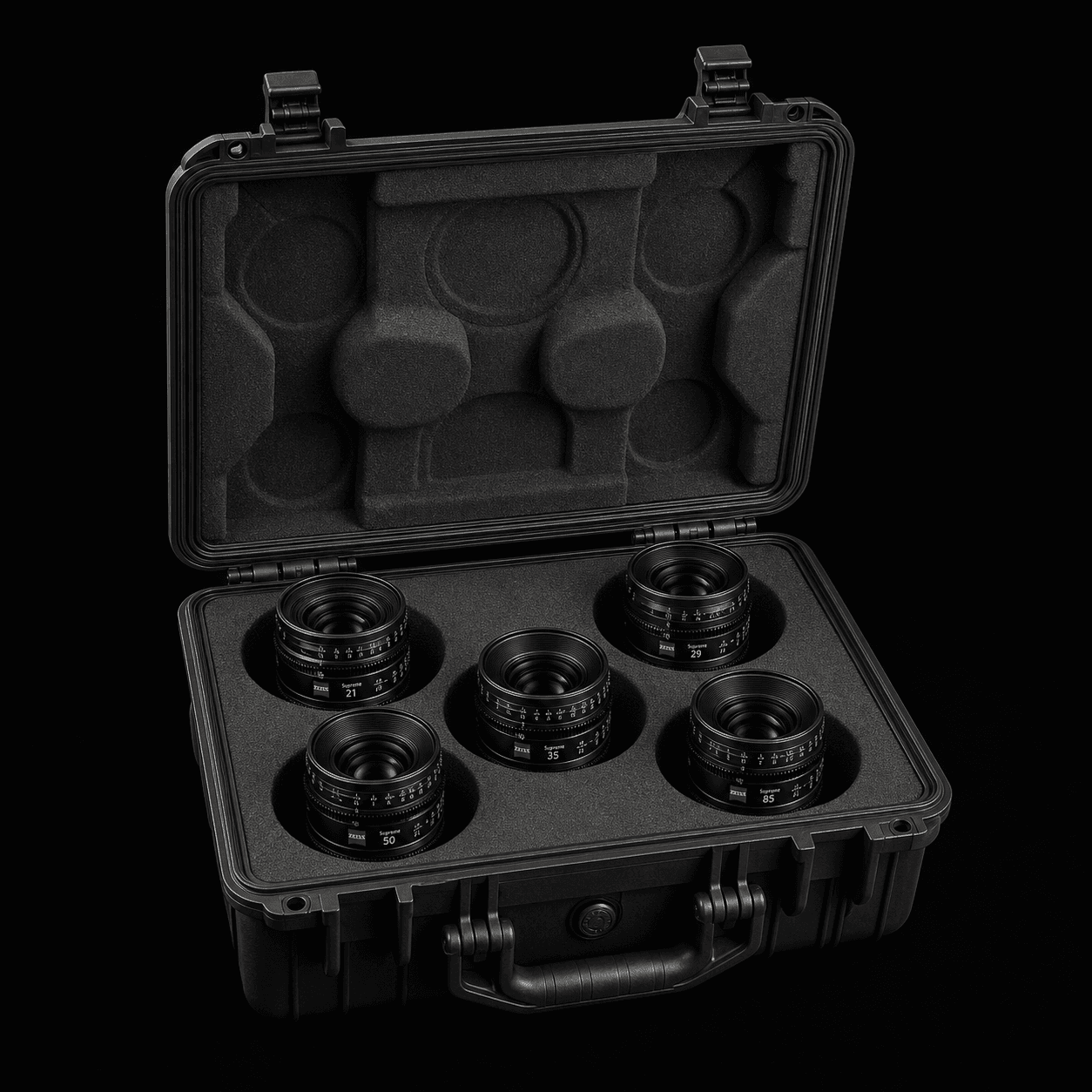 Open ZEISS Supreme Prime case with five cinema lenses in protective foam