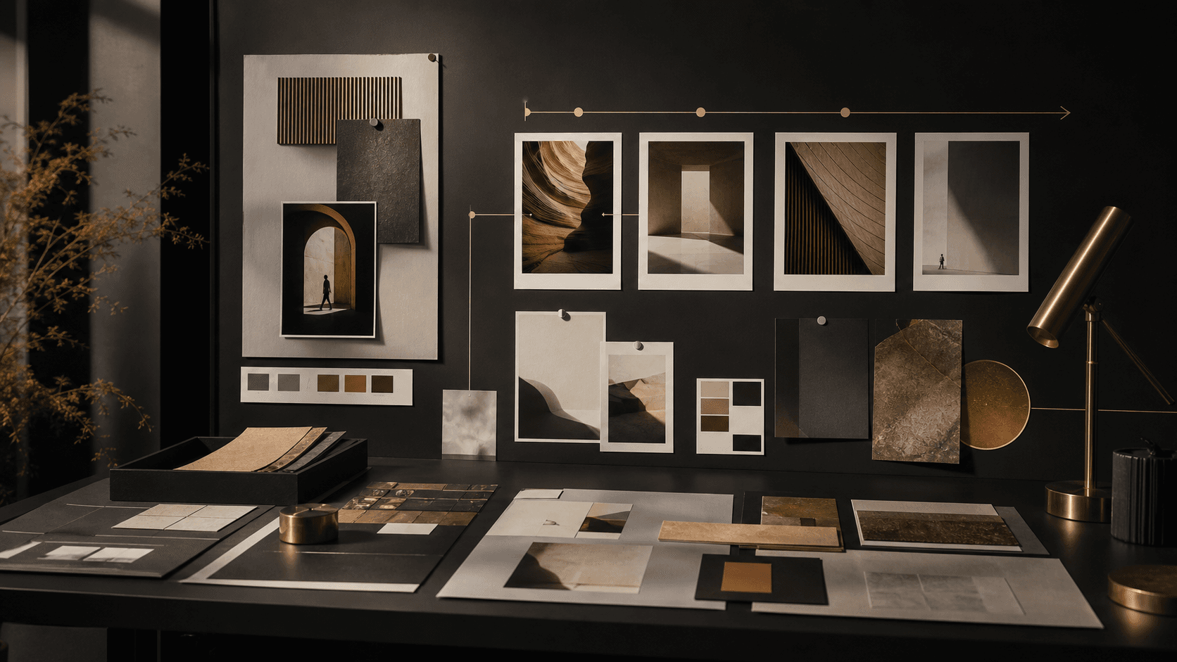 Conceptual editorial content system arranged across a creative studio wall and table
