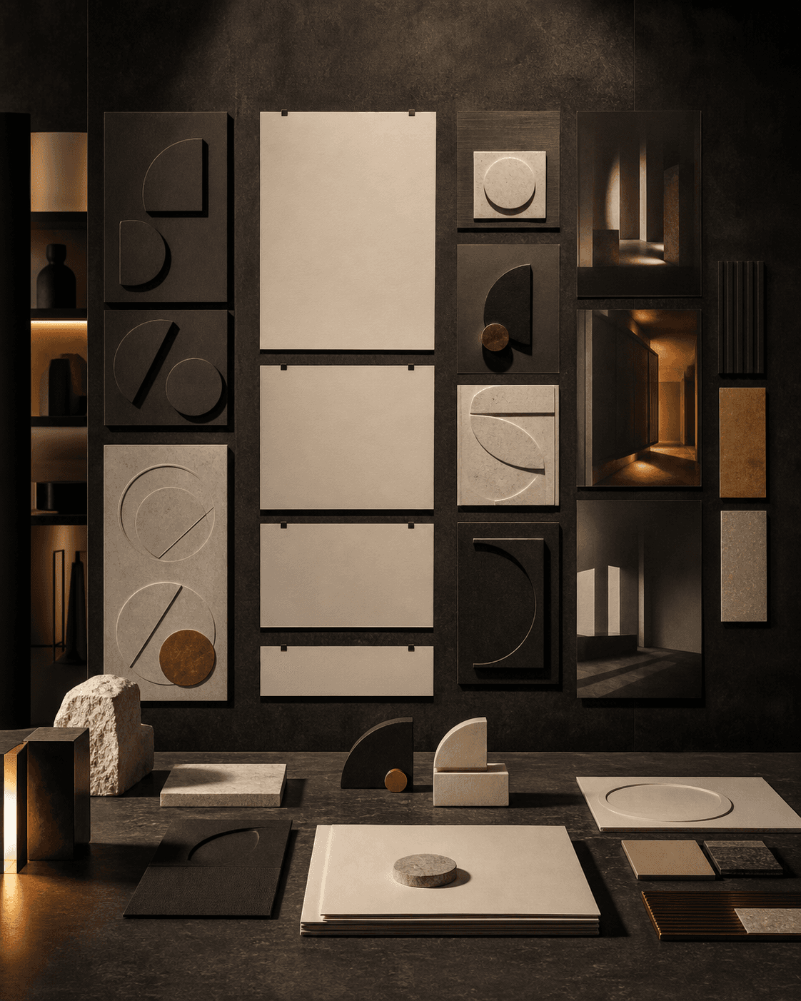 Conceptual creative-identity system made from coordinated geometric forms, materials, and blank editorial formats
