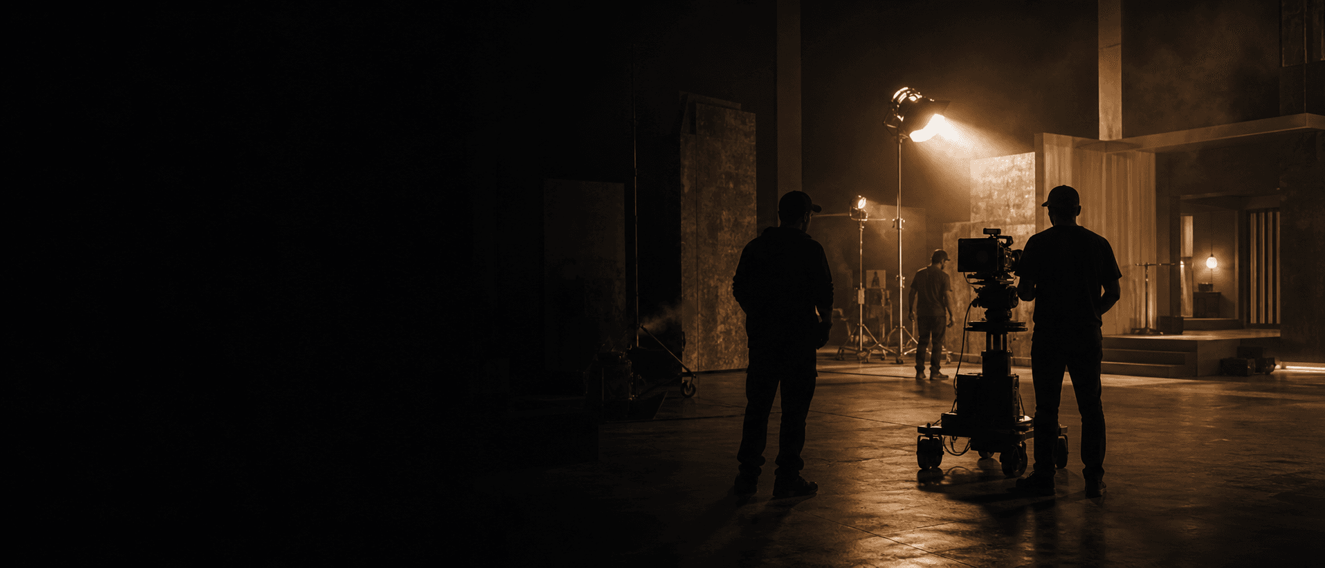 Conceptual soundstage with an anonymous film crew preparing camera and lighting