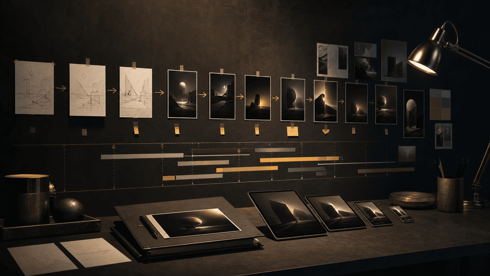 Conceptual campaign-development wall showing an abstract progression from planning frames to finished imagery