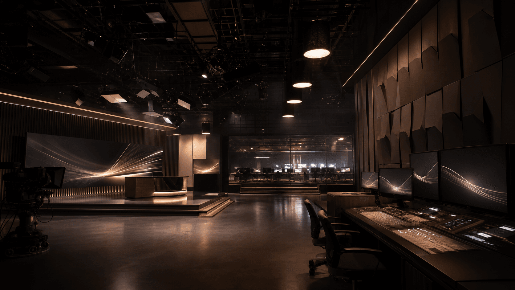 Conceptual broadcast studio and production-control environment with abstract screens