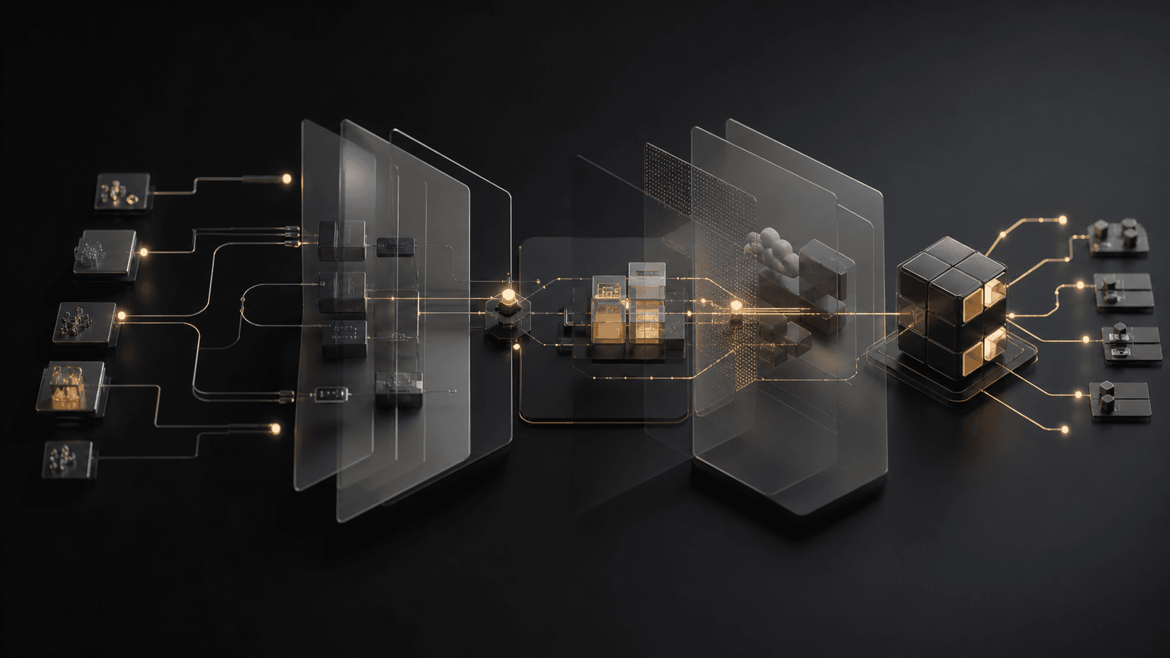 Conceptual digital platform architecture with connected modules and data pathways