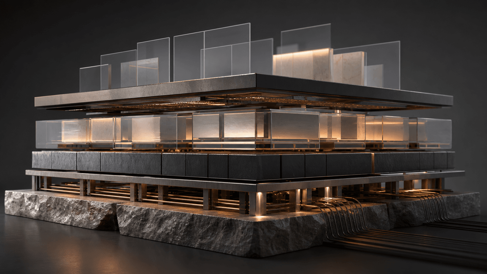 Conceptual layered software architecture built from stone, metal, and translucent modules